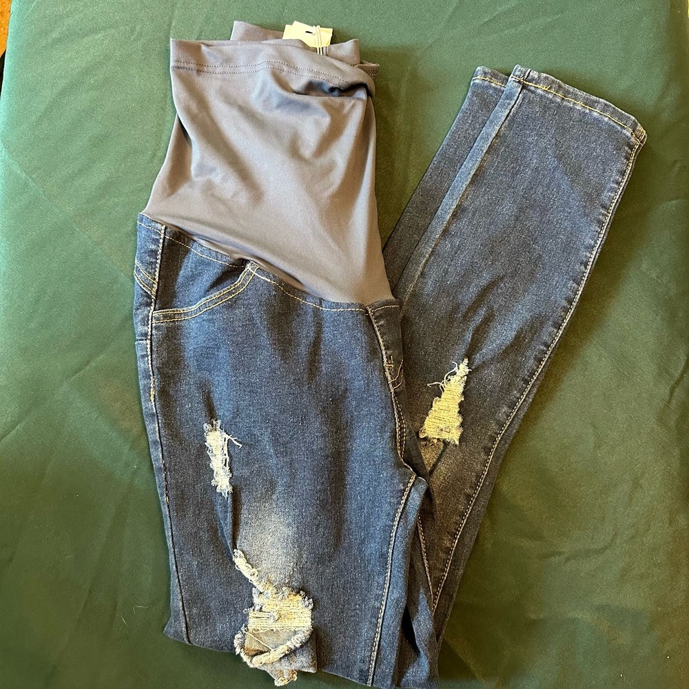 Maacie Maternity Skinny Jeans Blue Distressed Over Belly Band Ripped Denim‎ S